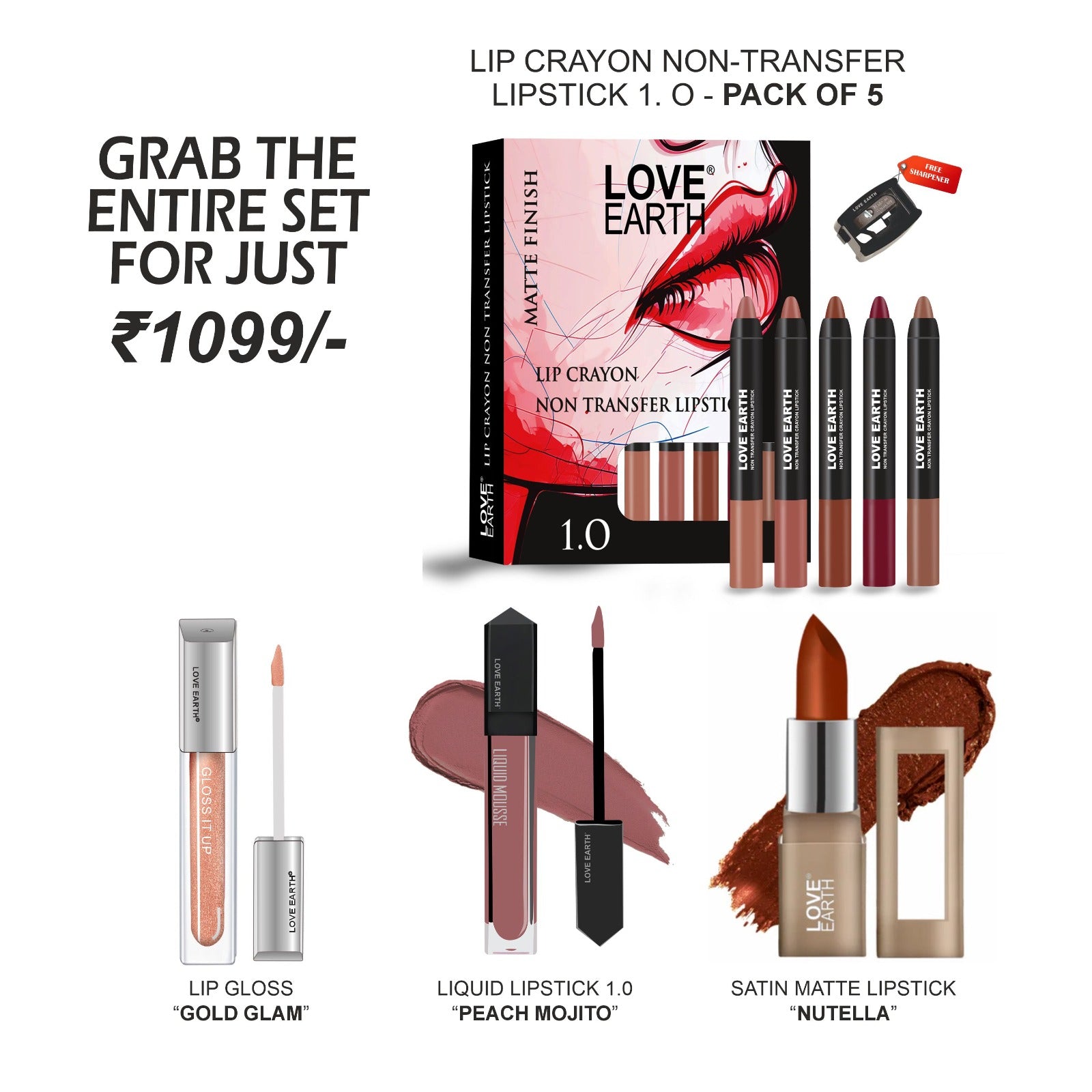Lip Crayon 1.0 PACK OF 5, Lipstick-Peach Mojito, Satin-Matte-Nutella Lip Gloss - Gold Glam (Golden)