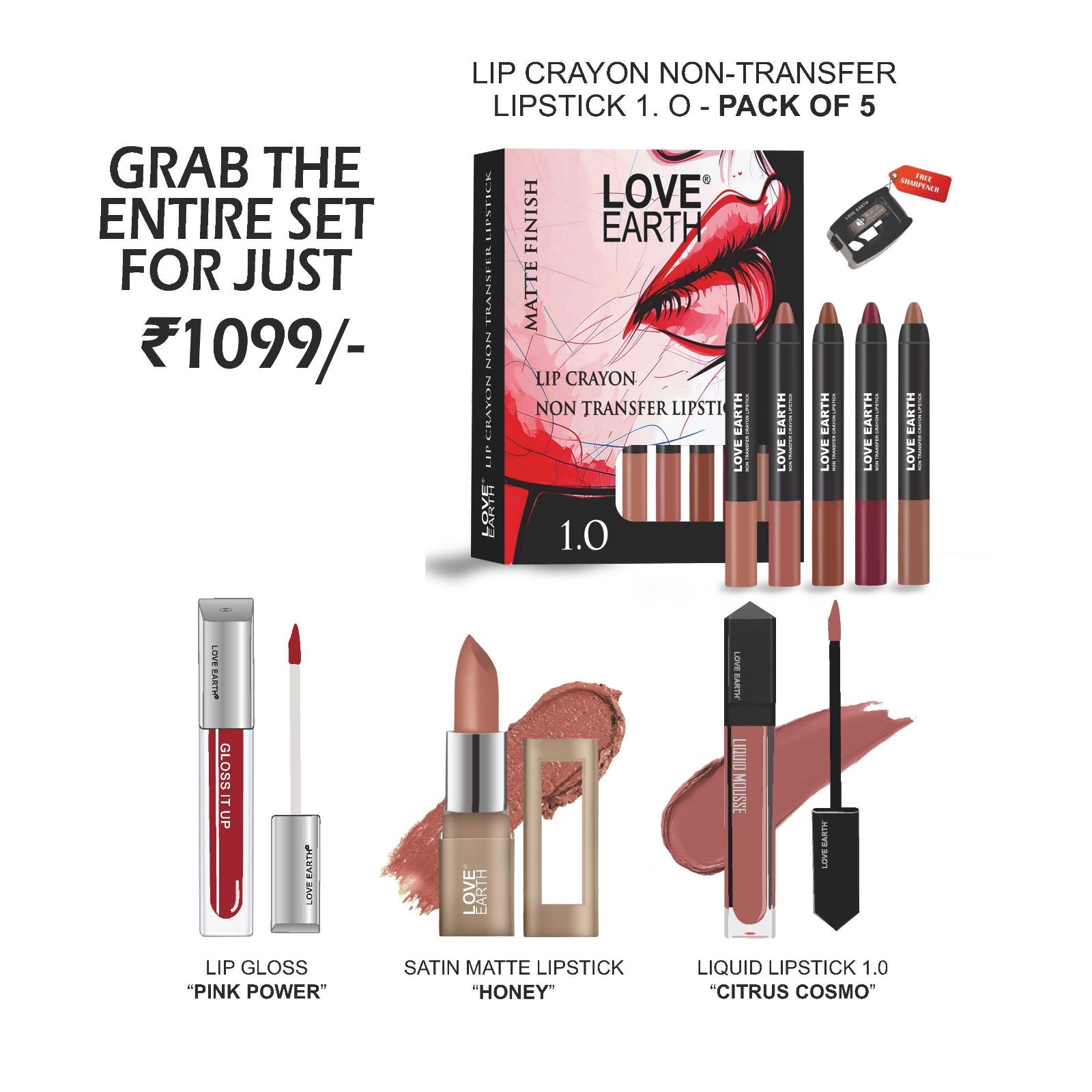 Lip Crayon -Lipstick 1.O,Lip Gloss Pink Power, Lipstick Honey, Citrus Cosmo