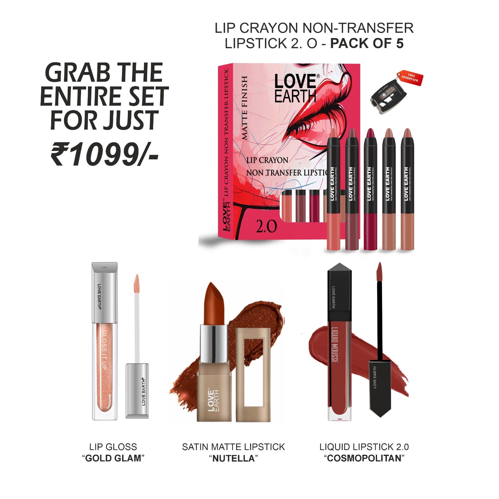 Lip Crayon -Lipstick 2.O ,Lip Gloss Gold Glam, Lipstick- Nutella & Cosmopolitan