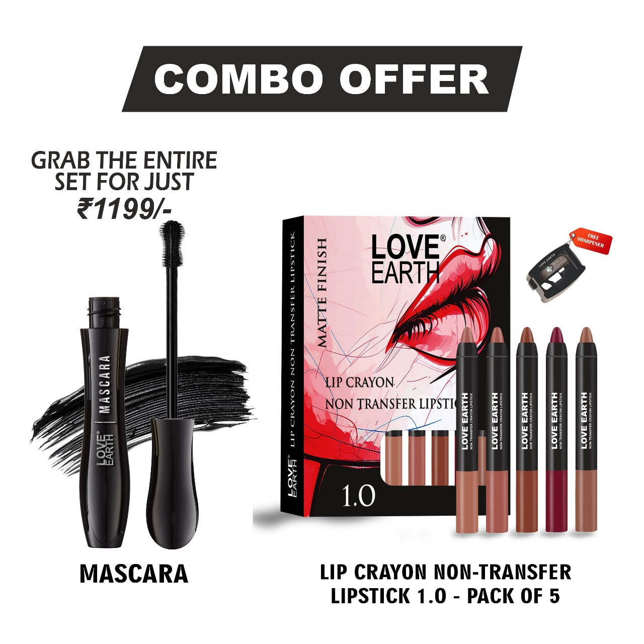Love Earth Mascara, Lip Crayon lipstick 1.0 - Pack Of 5