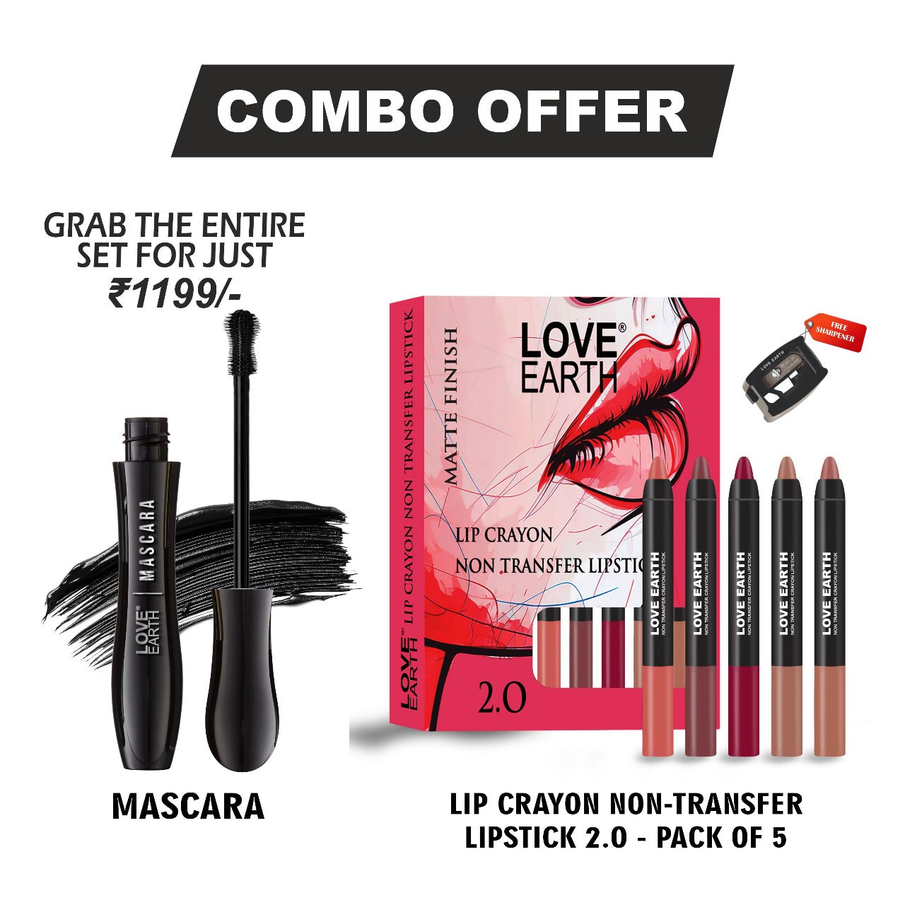 Love Earth Mascara, Lip Crayon lipstick 2.0 - Pack Of 5