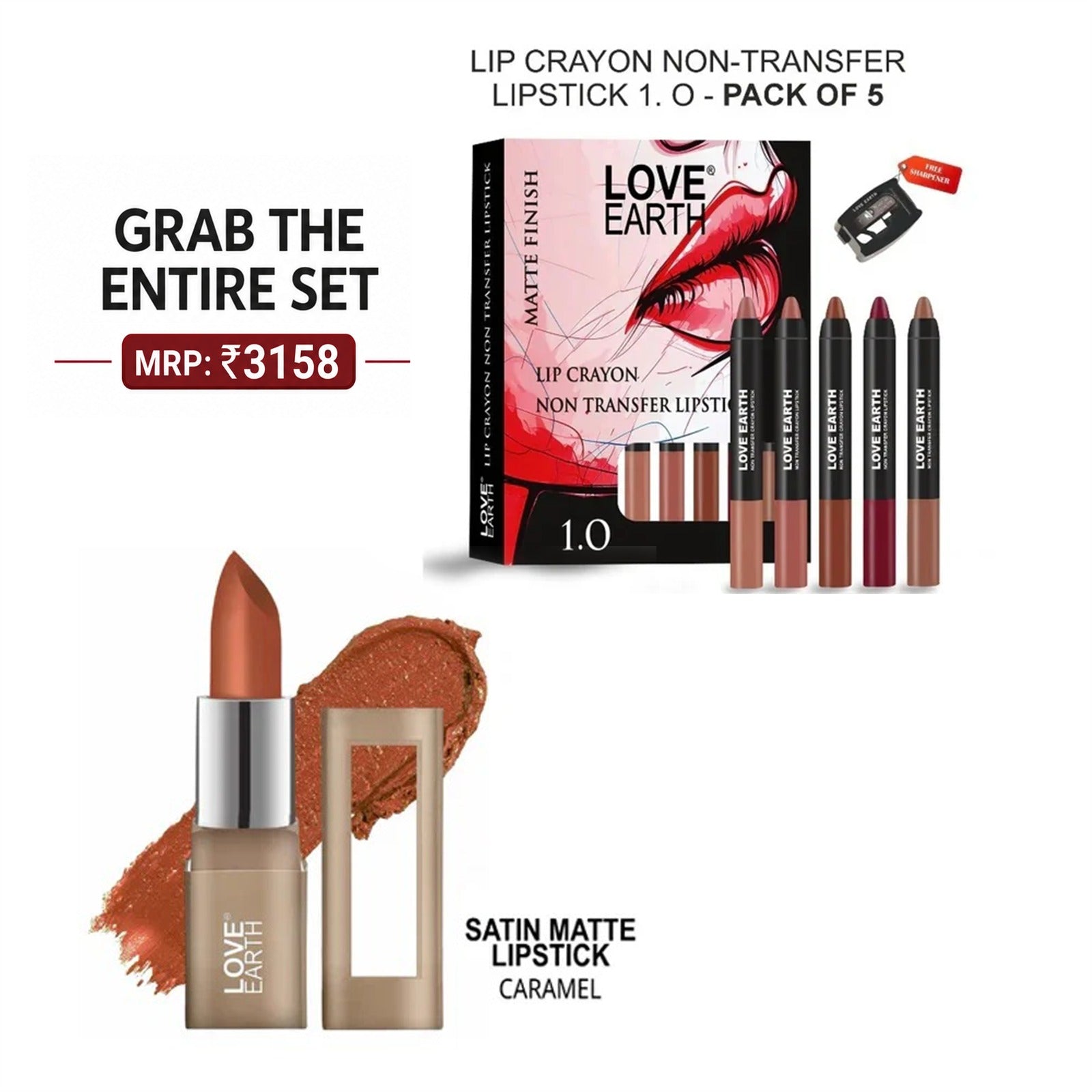 LIP CRAYON NON-TRANSFER LIPSTICK 1. O - PACK OF 5 & Satin Matte Lipstick Caramel